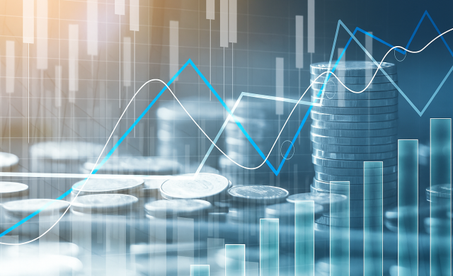 Layered image of graphs, money, and trend lines