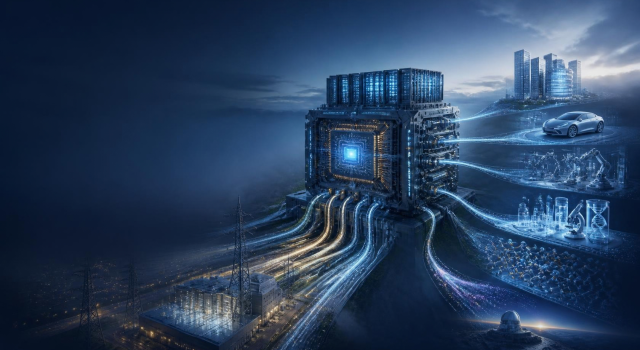 conceptual illustration of a massive AI-powered economic engine fueled by data centers, computer chips, electrical power, and investment capital