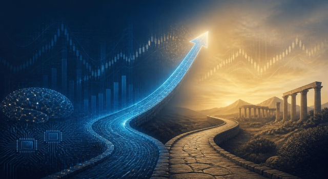 A sophisticated editorial illustration representing the stock market at a crossroads during the rise of artificial intelligence, with a glowing digital pathway moving upward and a more cautious path