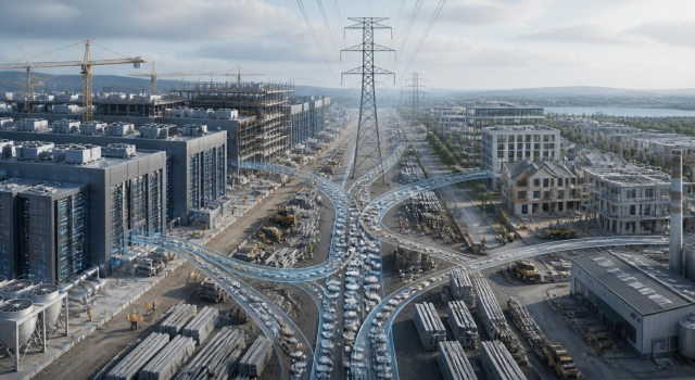 a modern AI data center on one side and housing, offices, and factories on the other, subtly competing for shared resources represented by electricity lines, construction materials, workers, and investment capital